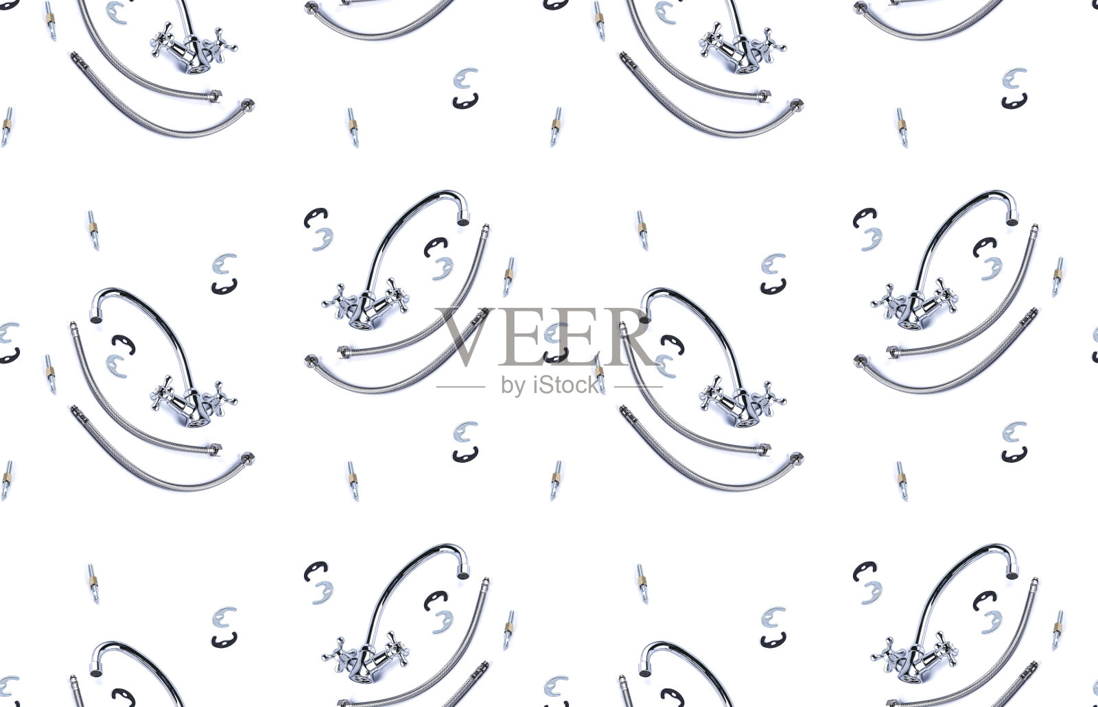 水管工的背景。无缝模式与水龙头和软管隔离在白色背景。安装水龙头的详细信息。照片摄影图片