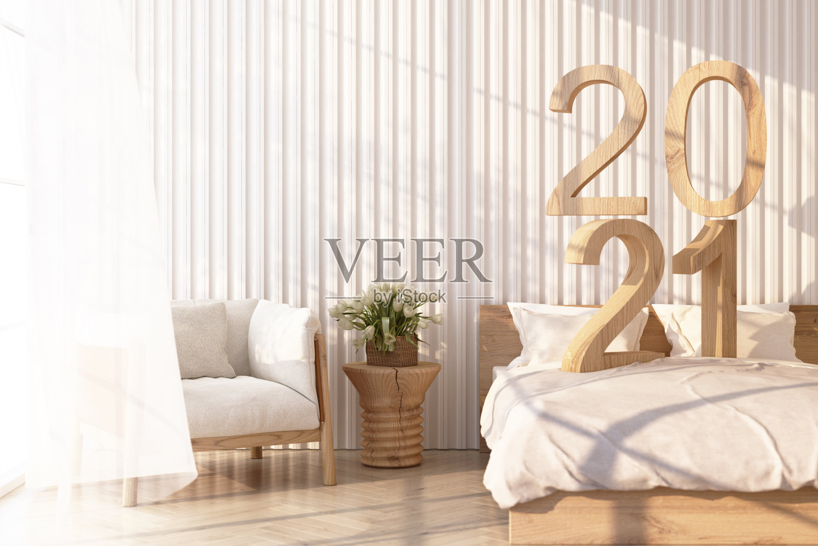 木地板上白色扶手椅、床和框架光线透过窗户，阴影落在上面。白色墙壁和透视与2021文字床3d渲染照片摄影图片