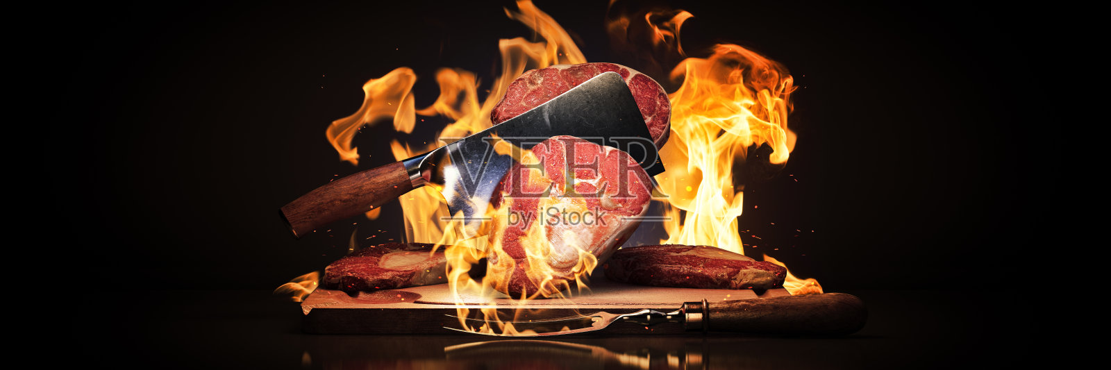 生牛排，黑牛膝。三维渲染照片摄影图片