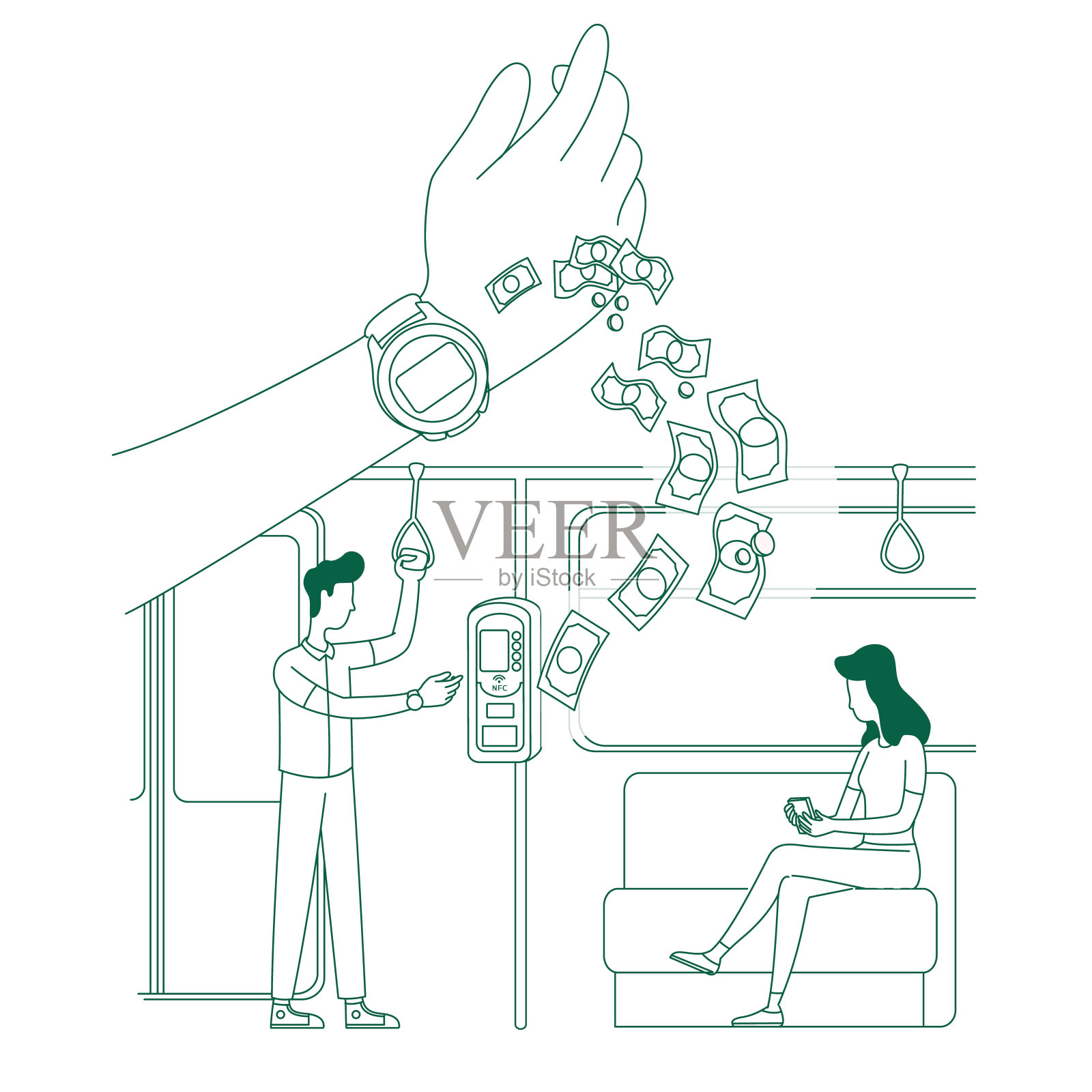 电子支付、电子购票细线概念矢量插画。人们在公共交通，乘客用电子票二维卡通人物为网页设计。智能手表创意插画图片素材