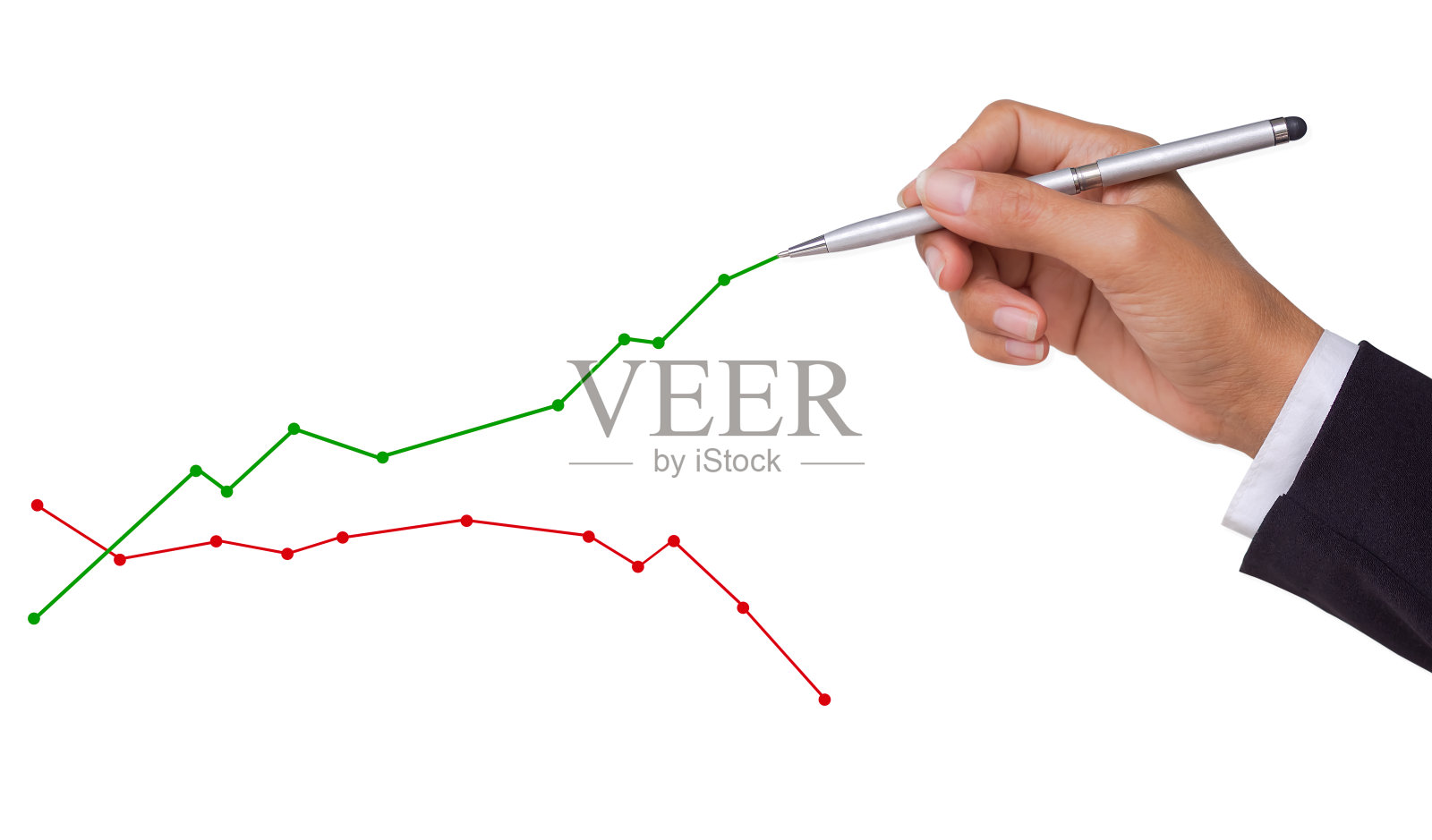 业务sfaff女人手拿黑色西装握笔点图与箭头图股票市场孤立在白色的背景。2022年投资和财务。照片摄影图片