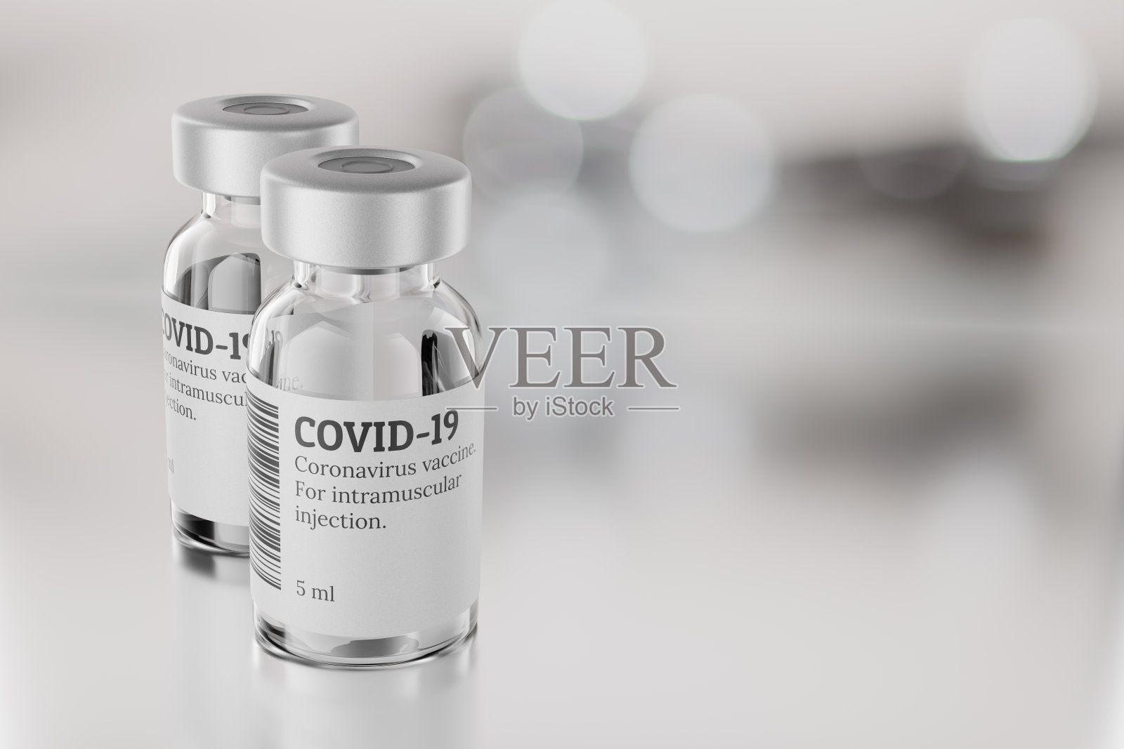 COVID-19疫苗瓶背景为灰色模糊。3 d渲染插图。照片摄影图片