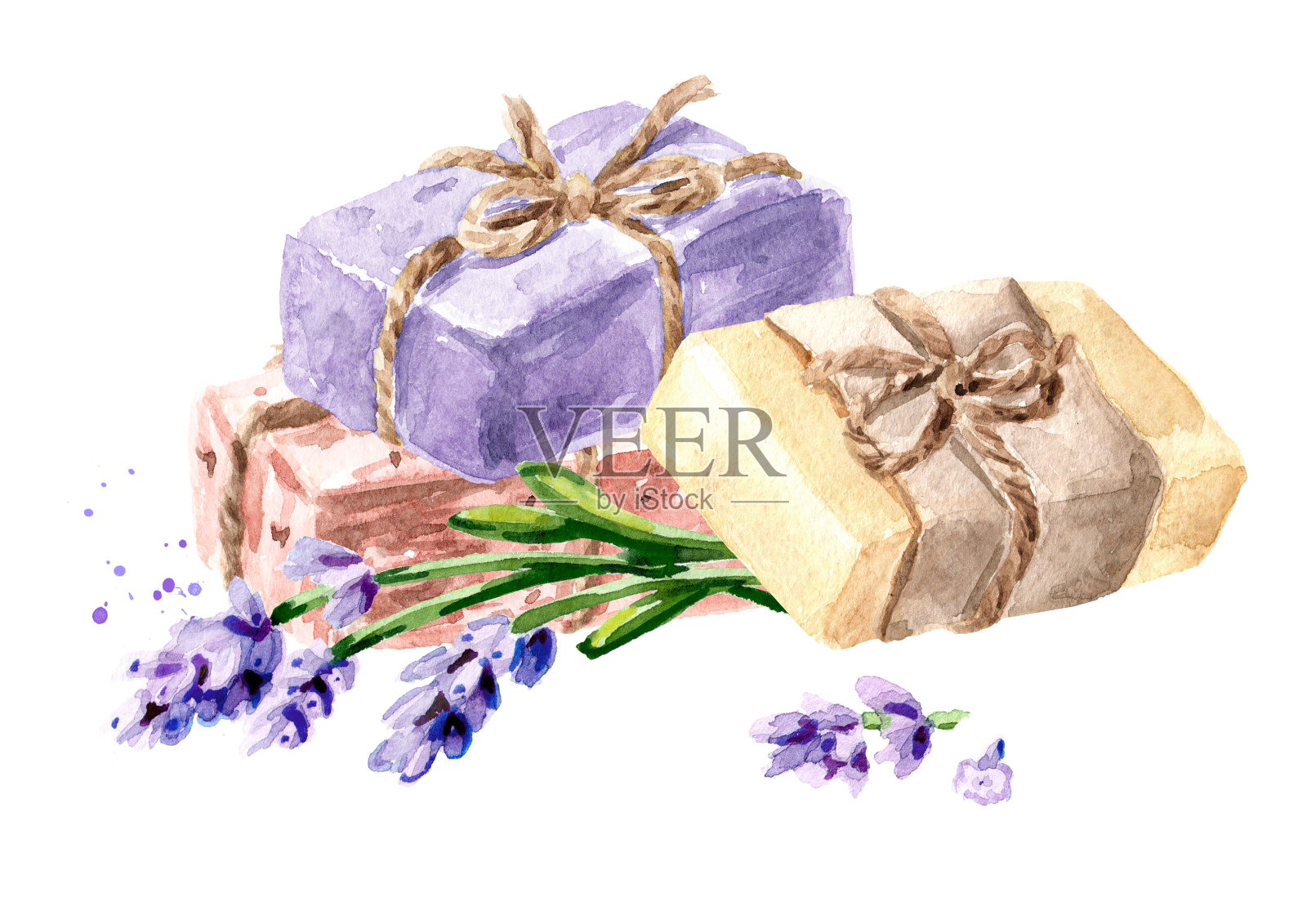 天然手工香皂，带有薰衣草花。水彩手绘插图，孤立的白色背景插画图片素材