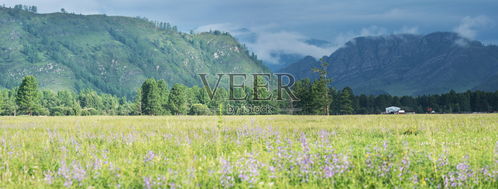 夏日的全景式山上，暴风雨的天空照片摄影图片