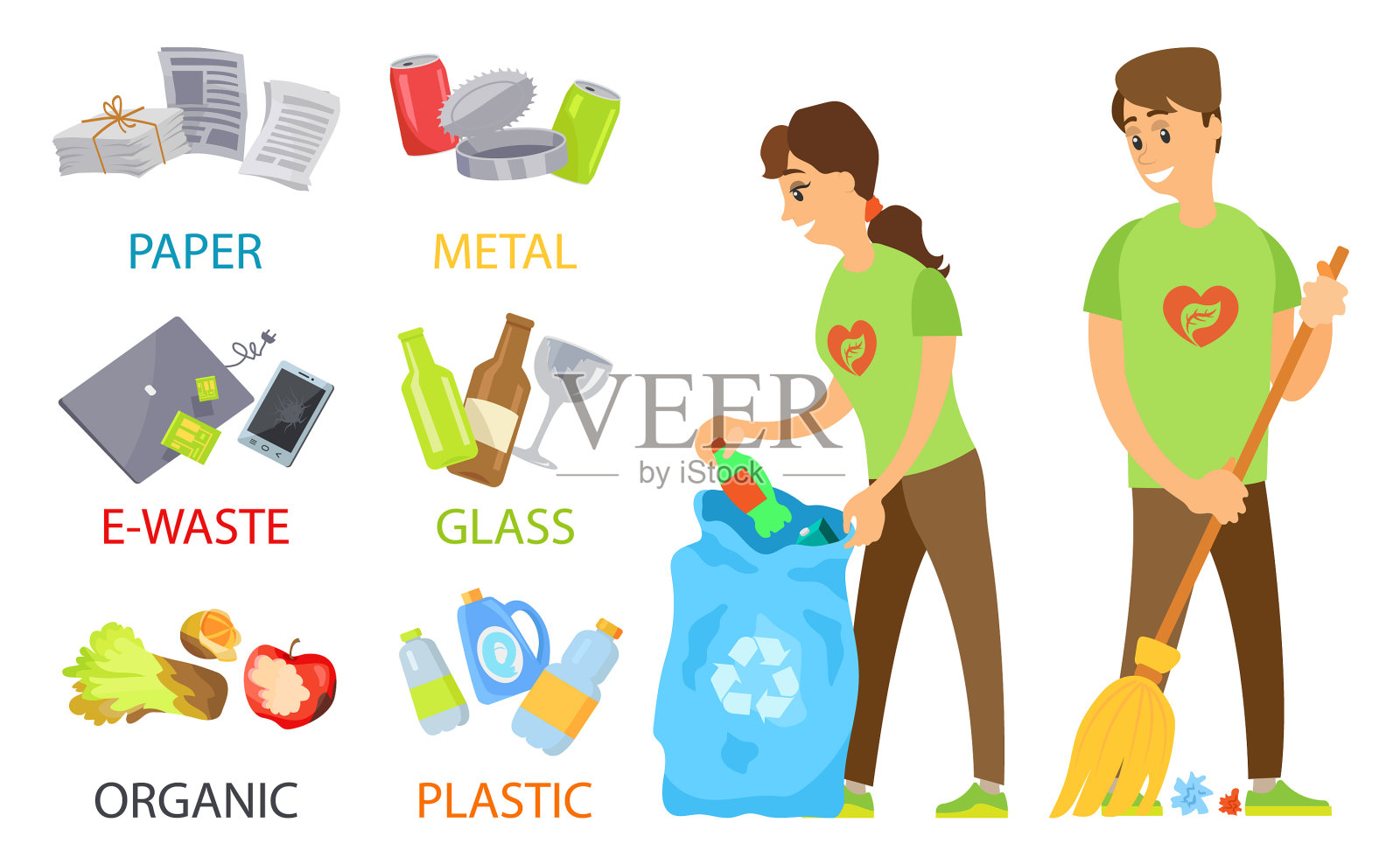 志愿者分类垃圾金属和塑料插画图片素材