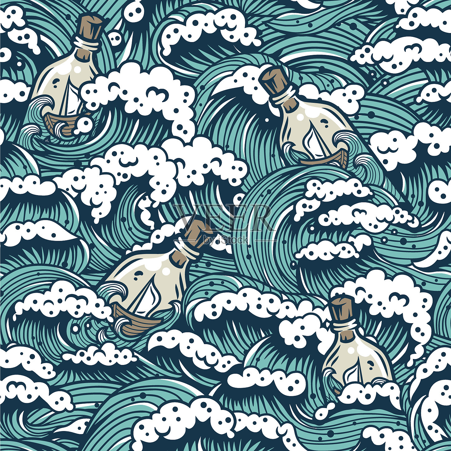 用于船舶设计的海浪和船的图案插画图片素材