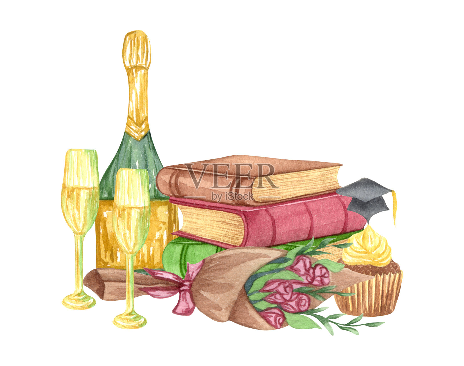 水彩毕业套装毕业帽，鲜花，香槟和一堆书。手绘学校插图插画图片素材