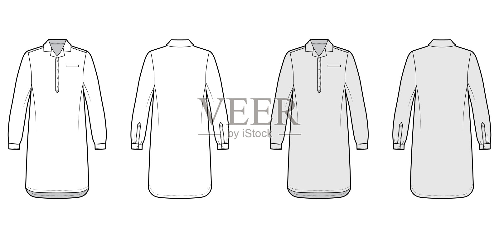 睡衣裙睡袍睡衣技术时尚插图与膝盖，经典的亨利领，长袖插画图片素材