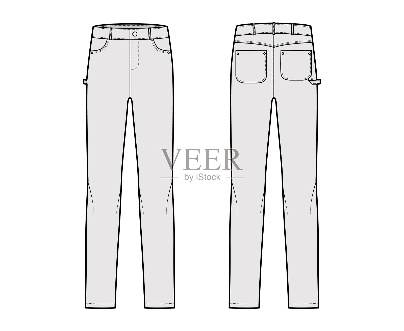 牛仔木工裤技术时尚插图，长，低腰，上升，5个口袋，铆钉。底插画图片素材