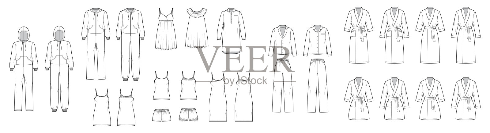 全套睡衣睡衣连衣裙、长裤、浴衣、衬衫、睡袍配满了技术时尚插画插画图片素材