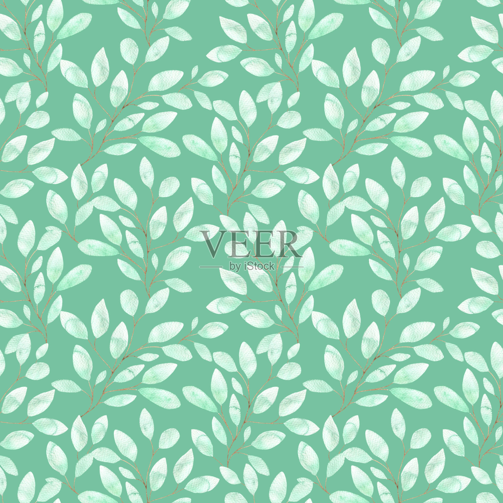 水彩无缝模式与软绿色的叶子，春天的枝叶上的绿色背景插画图片素材