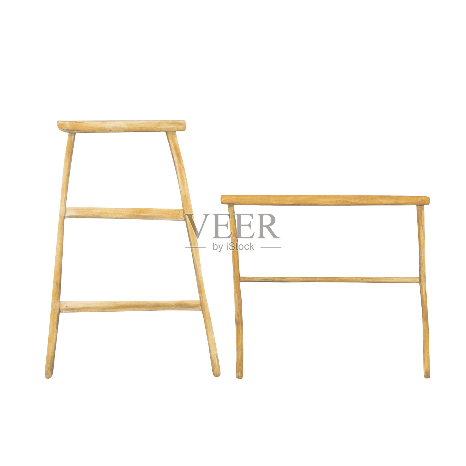 水彩画一套2木制桌子和架子孤立在一个白色的背景。手工绘制的梯子和书架为您的设计。空的木头。室内家具。插画图片素材