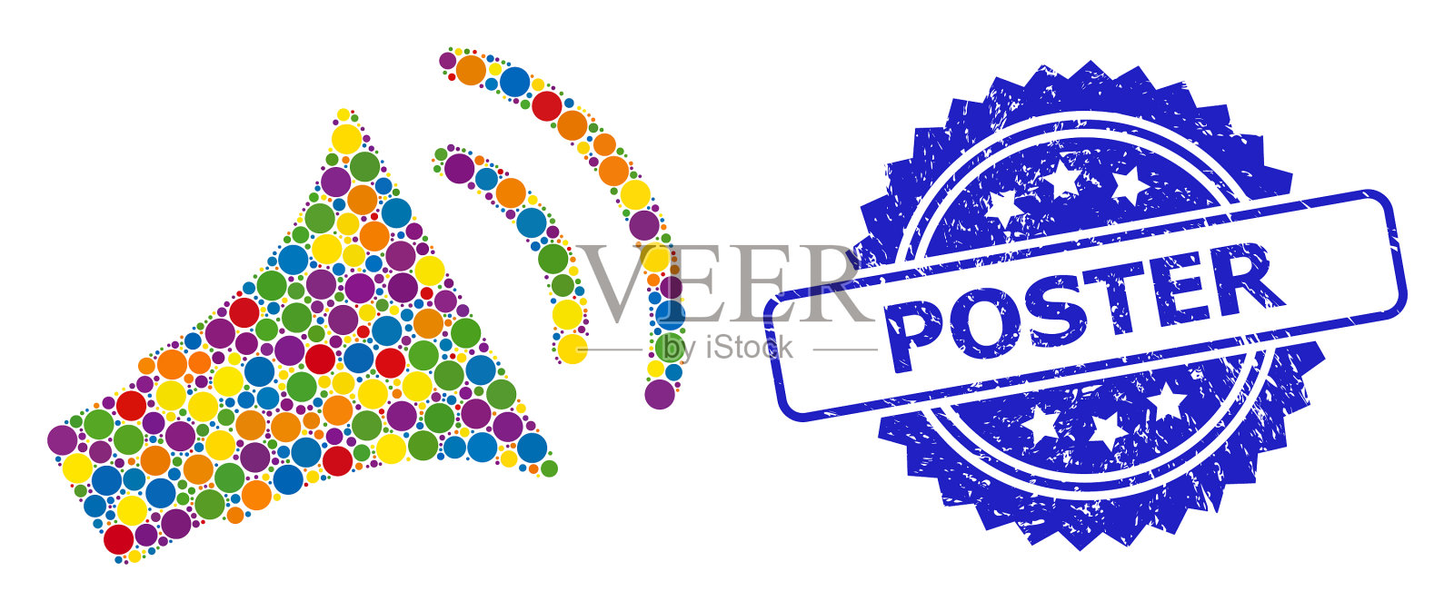 橡胶海报邮票印章和彩色马赛克图标素材