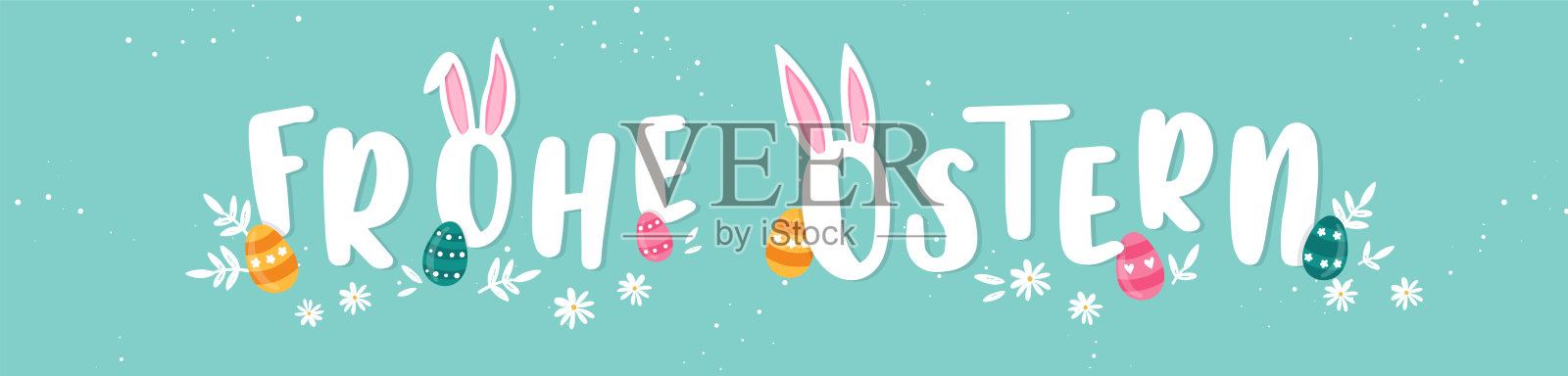 复活节快乐印刷背景在德语说“复活节快乐”与复活节彩蛋，耳朵和装饰-伟大的横幅，壁纸，邀请，封面图像-矢量设计插画图片素材