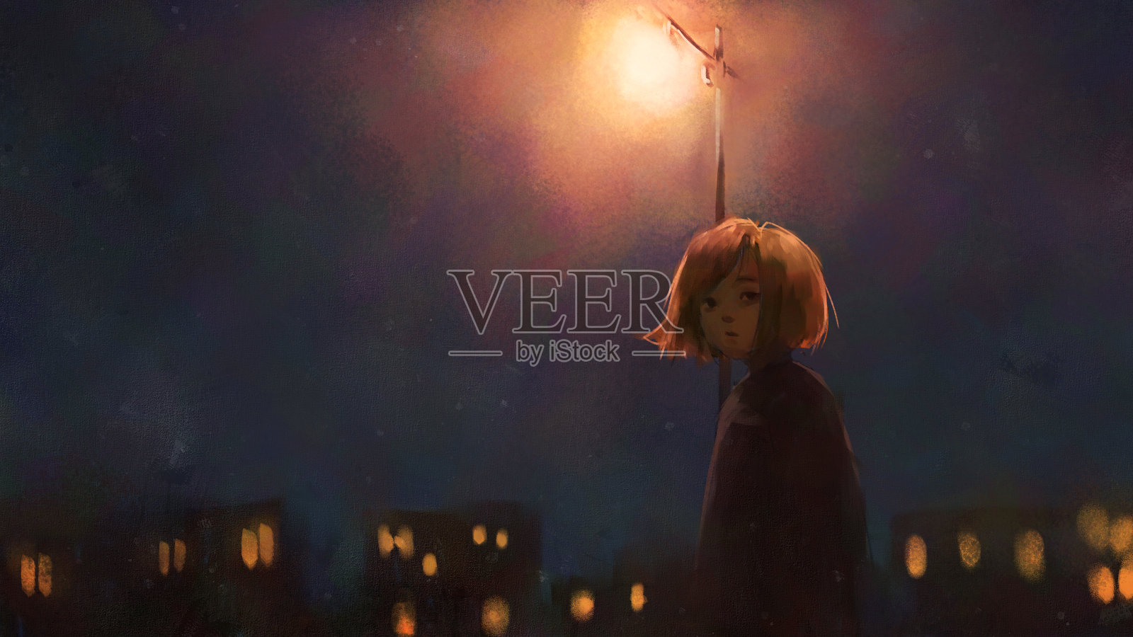 数字艺术画的女孩独自走在夜里，油画在画布上纹理。插画图片素材