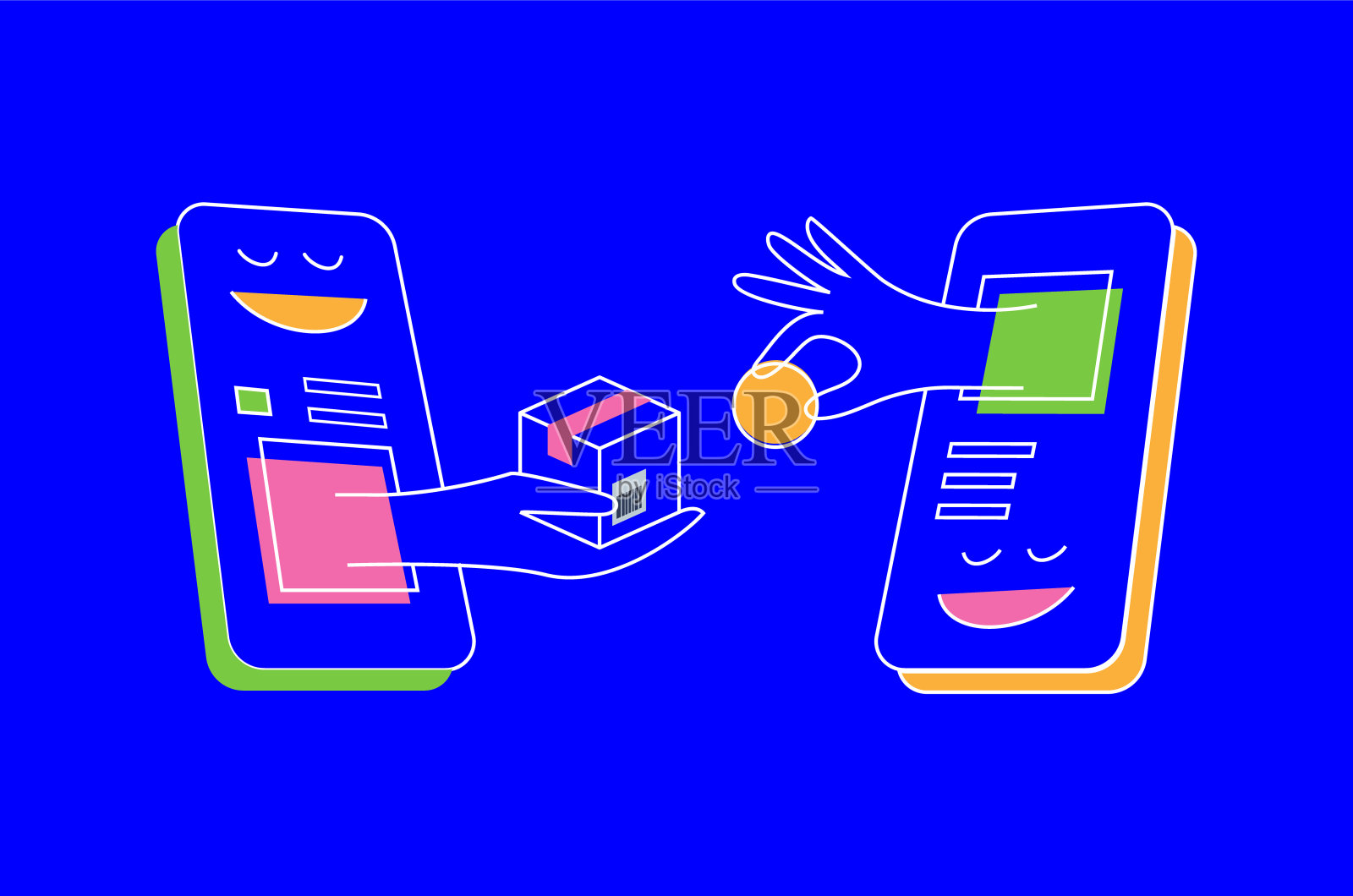 手机网上商店。人手拿着一个带有智能手机条形码的纸箱，人手拿着另一个智能手机的运费。矢量插图。插画图片素材