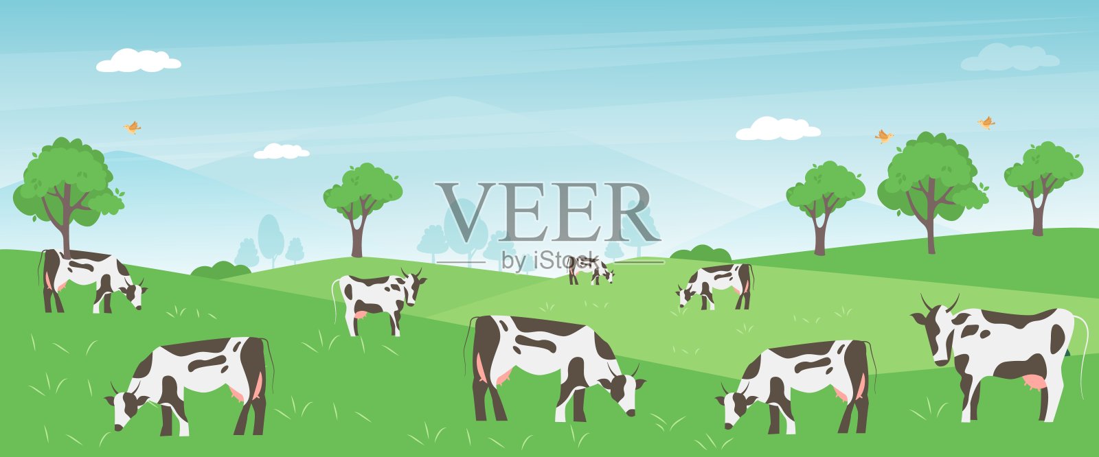 奶牛养殖在绿色草地上的农业经营理念。插画图片素材