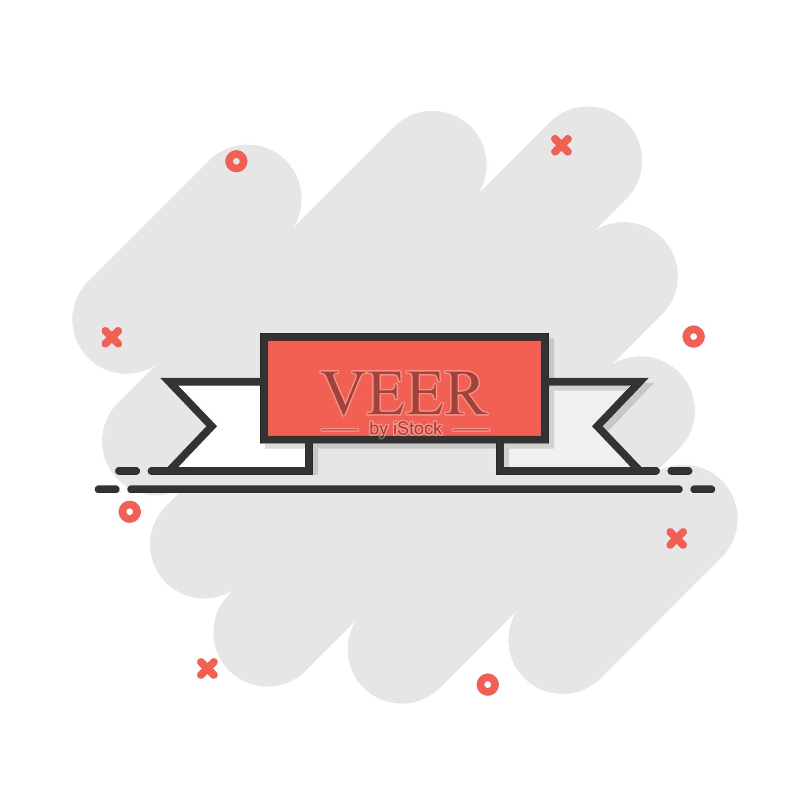 矢量卡通徽章与丝带图标在漫画风格。奖励奖章标志插图象形文字。冠军企业飞溅效应概念。插画图片素材