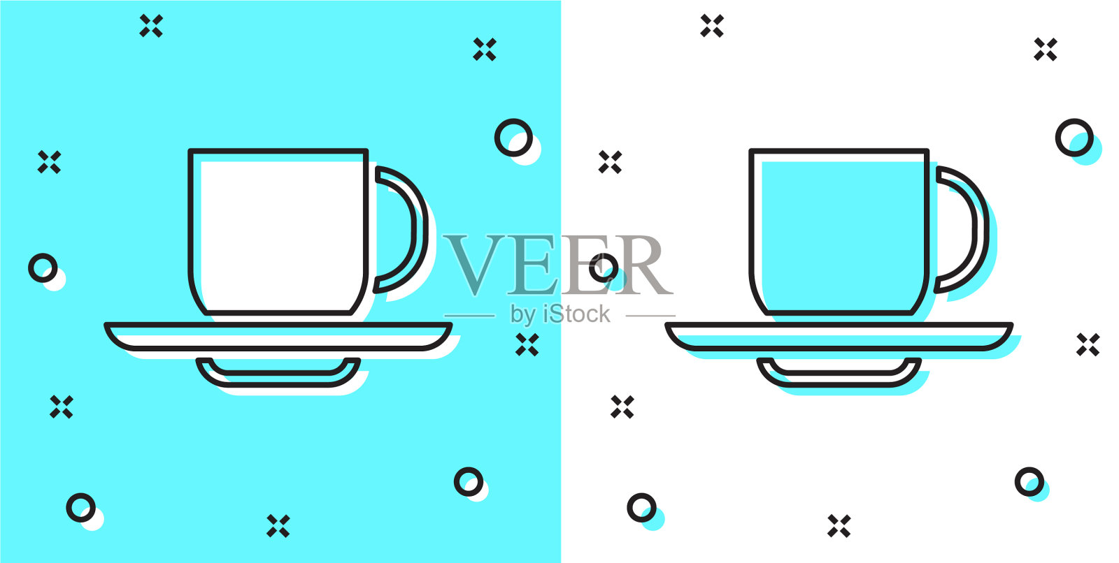 黑线咖啡杯图标孤立在绿色和插画图片素材