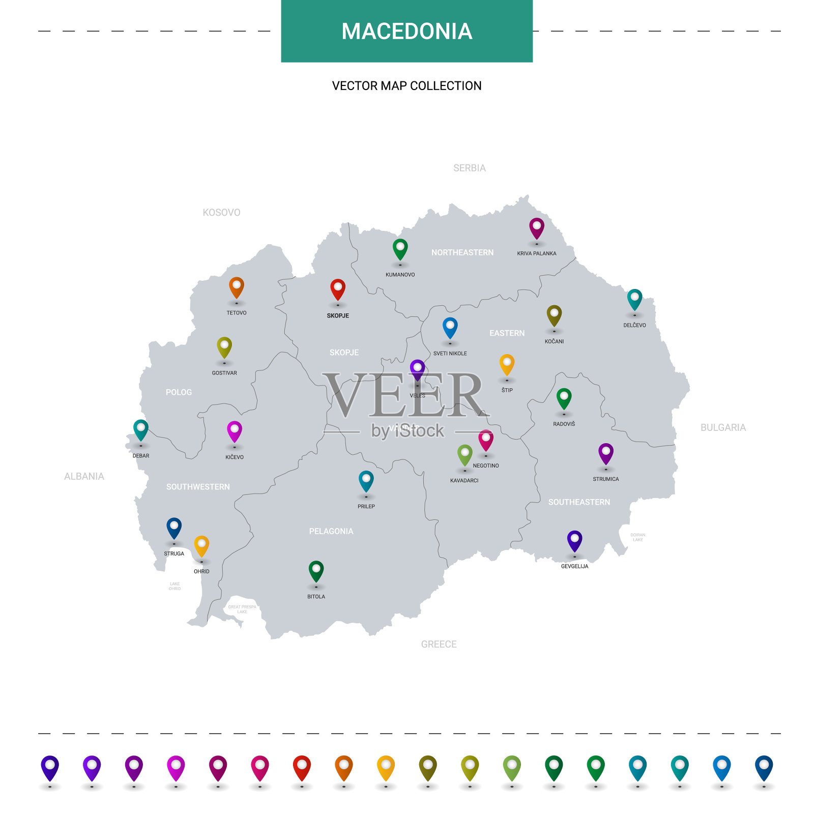 带有位置指针标记的马其顿地图设计模板素材