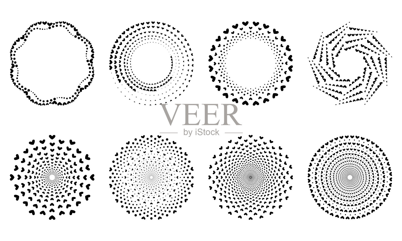一套装饰与心和点。装饰框。圆的模式。圆的形状。插画图片素材