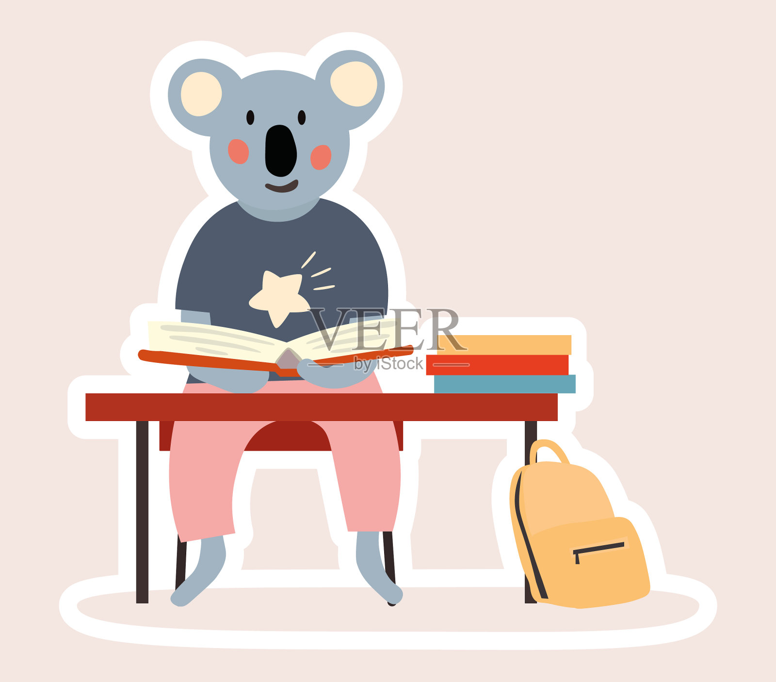 可爱的小考拉熊学生在书桌上工作插画图片素材