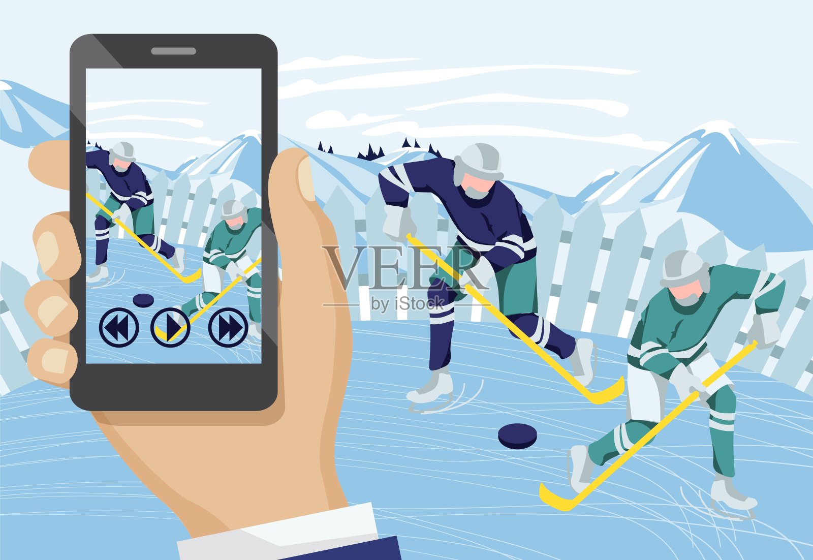 手录影与曲棍球运动员插画图片素材