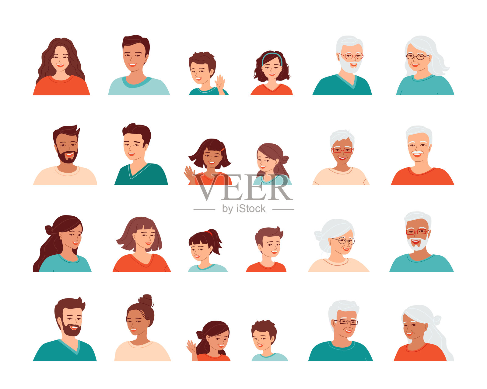 一组人的化身。不同年龄和国籍的男人、女人和孩子们都面带微笑。家庭肖像。孤立的矢量插图。插画图片素材