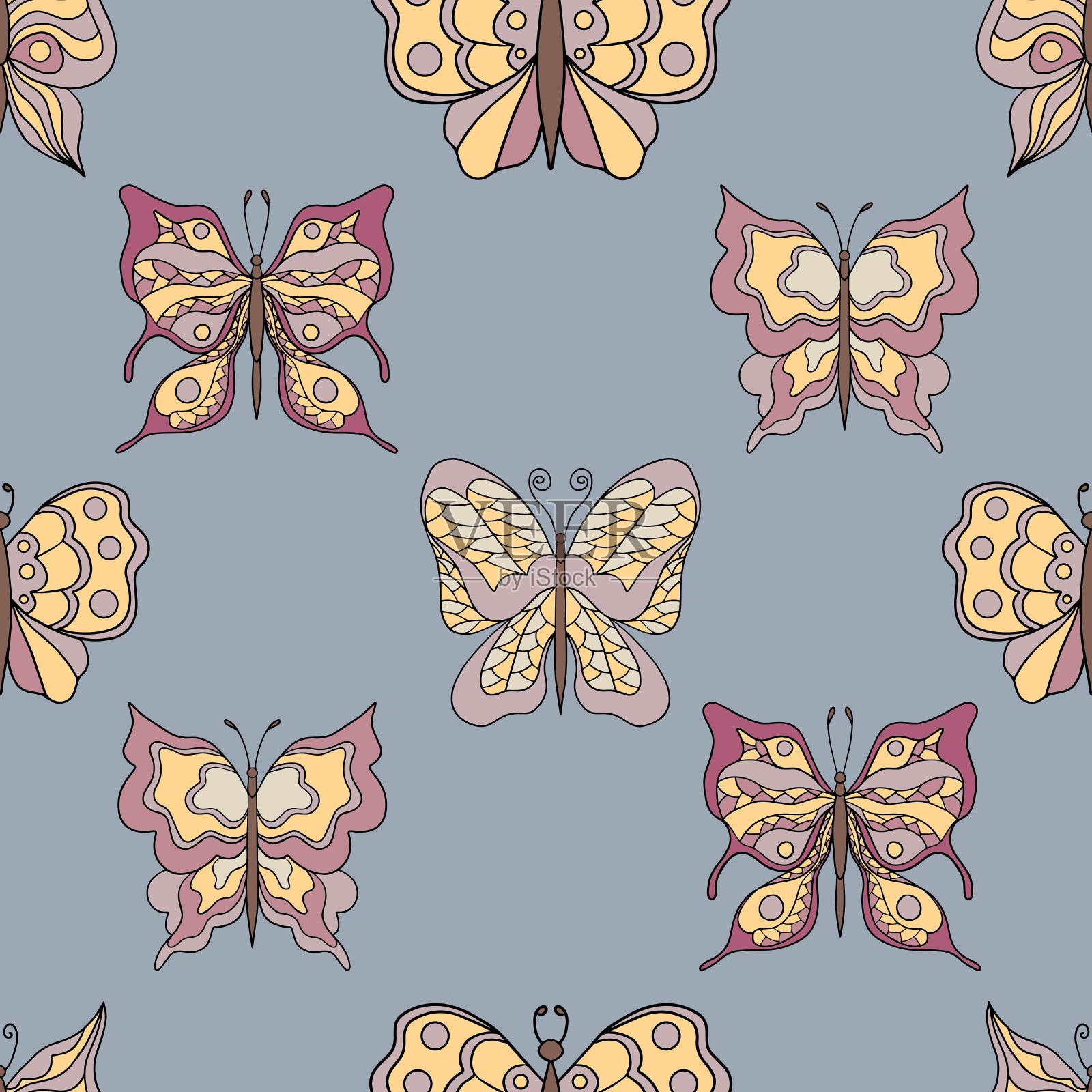 美丽的蝴蝶。无缝模式。柔和的颜色。收集卡通矢量插图。插画图片素材