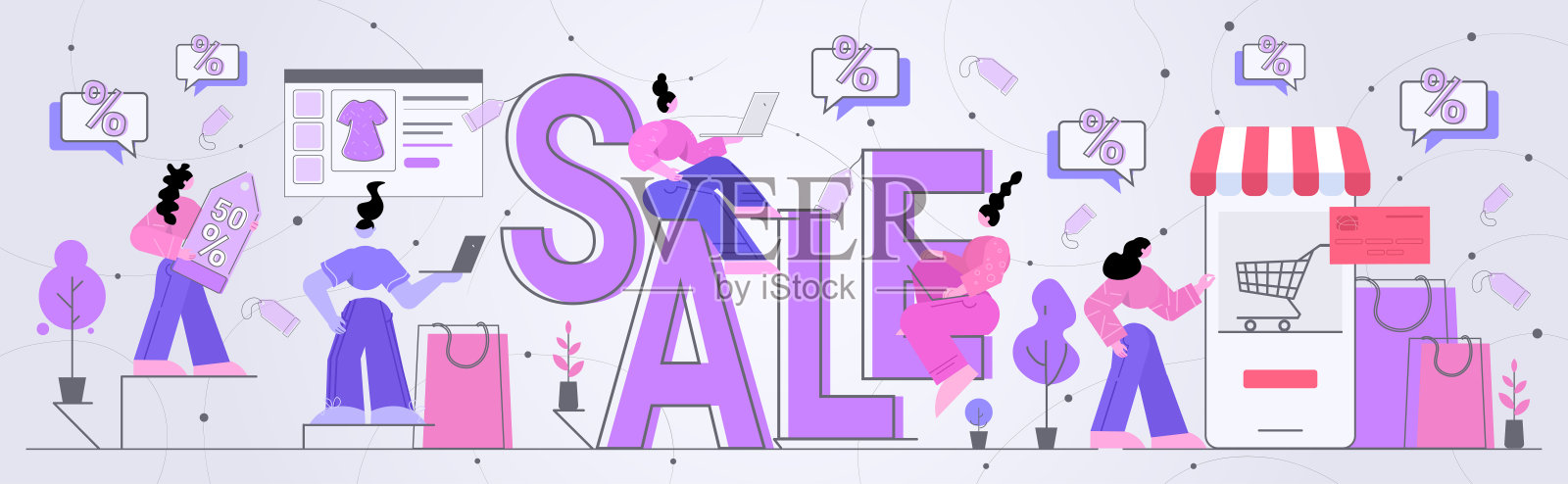 女性顾客购买商品特价促销打折，季节性购物概念横向插画图片素材