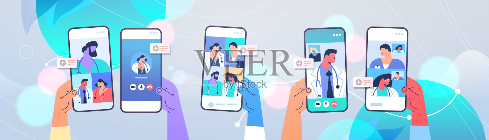 患者在智能手机屏幕上与医生讨论视频通话在线咨询医疗保健设计模板素材