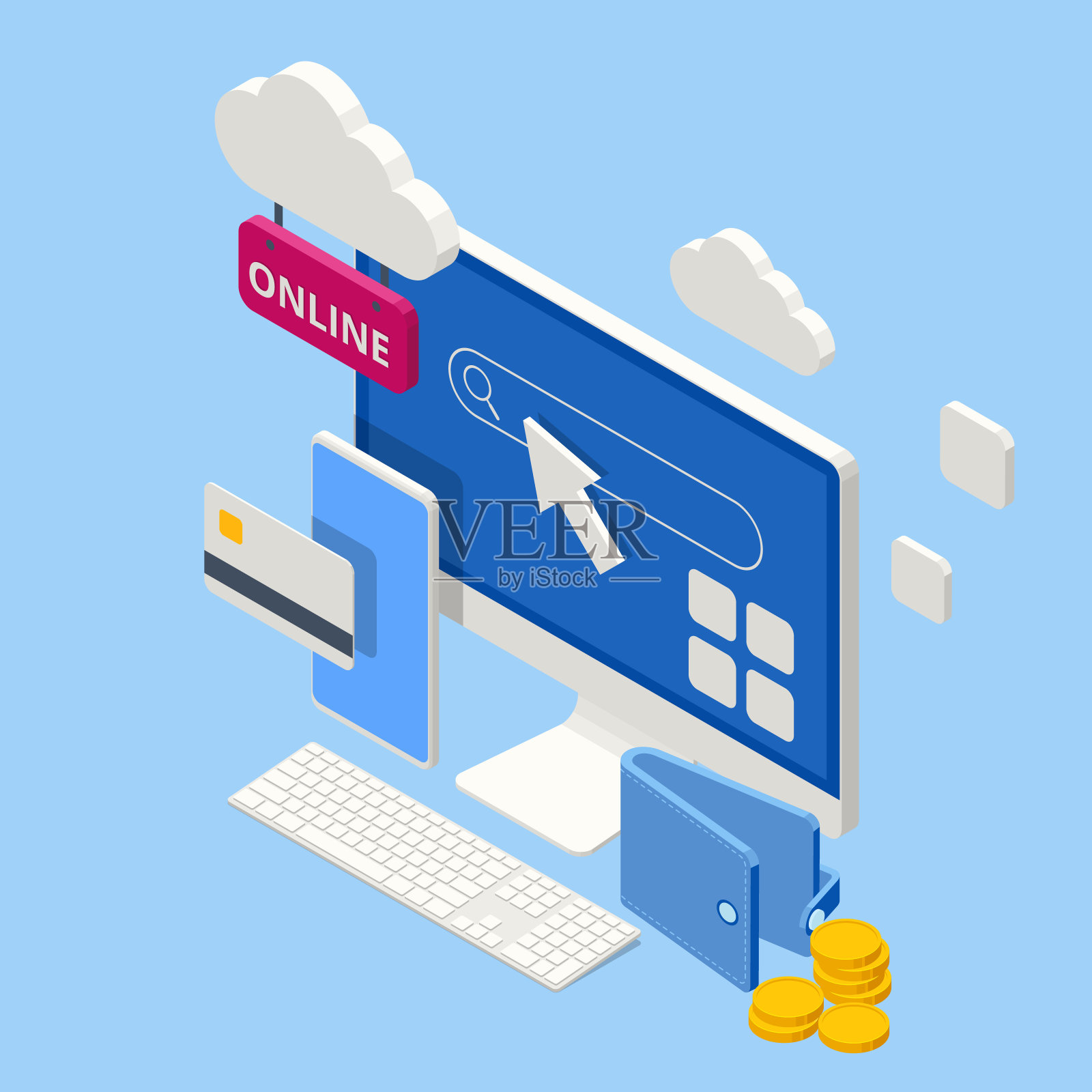 等距在线购物商店与手机，信用卡和商店元素。网上购物网站。促销横幅或促销插画图片素材