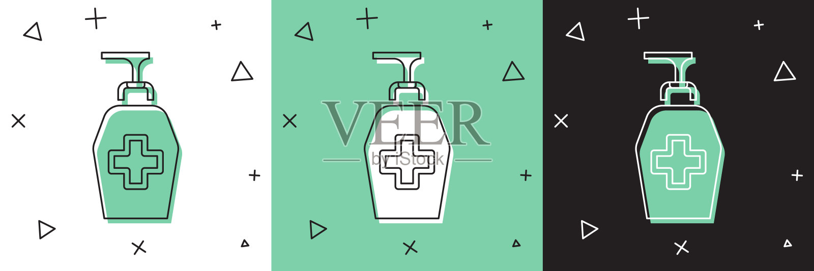 设置瓶液体抗菌肥皂与分配器图标隔离在白色和绿色，黑色背景。防腐剂。消毒、卫生、护肤。向量插画图片素材