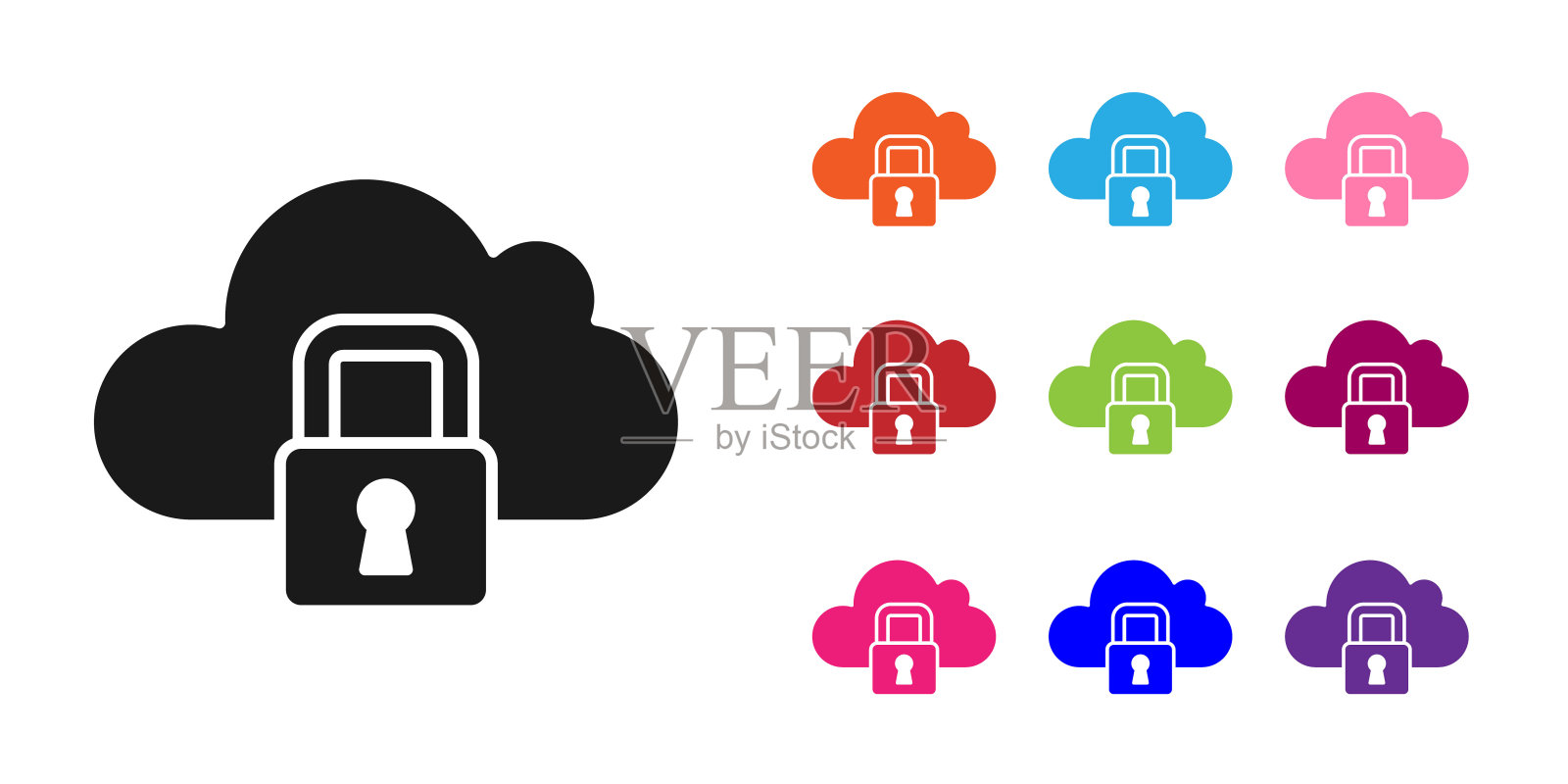 黑云计算锁定图标隔离在白色背景上。安全、安全、保护的理念。保护个人资料。设置图标丰富多彩。向量插画图片素材