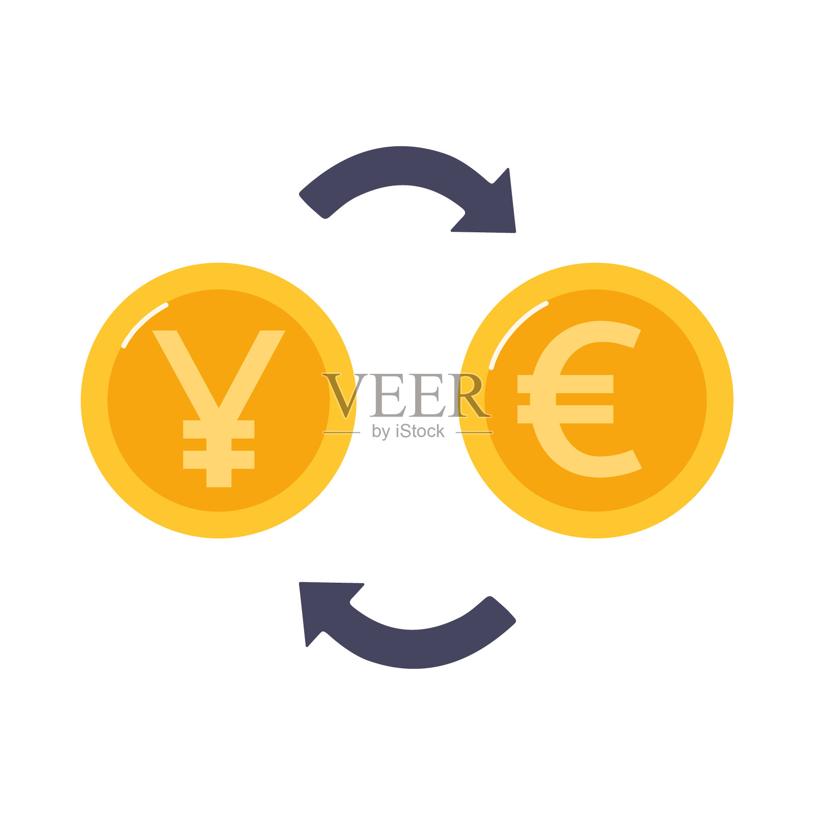 把人民币兑换成欧元。他们之间有金币和箭。
货币兑换。矢量插图在平面风格，孤立。插画图片素材