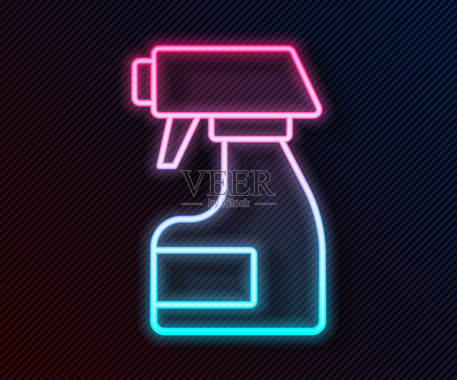 发光的霓虹灯线清洁喷雾瓶与清洁剂液体图标隔离在黑色背景。去污剂。向量插画图片素材