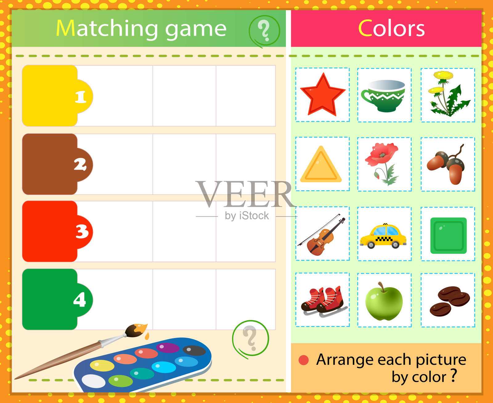 匹配的颜色。对孩子的难题。配套游戏、儿童教育游戏。这些物品是什么颜色的?工作表为学龄前儿童插画图片素材