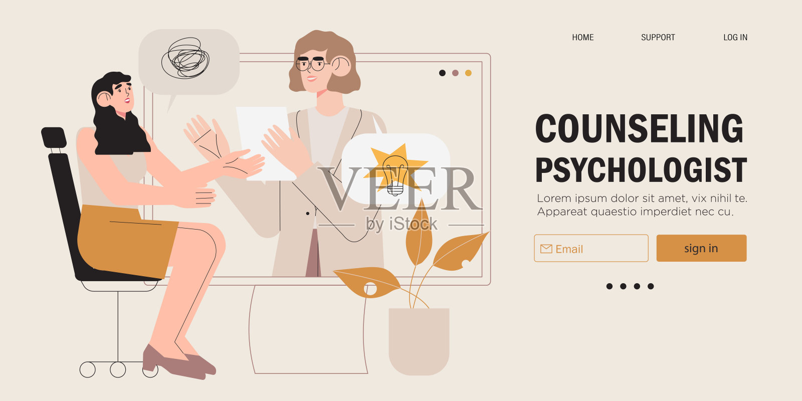 心理治疗咨询或在线咨询概念横幅：心理学家为情绪低落的人提供专业帮助，或解决身心健康问题和危机插画图片素材