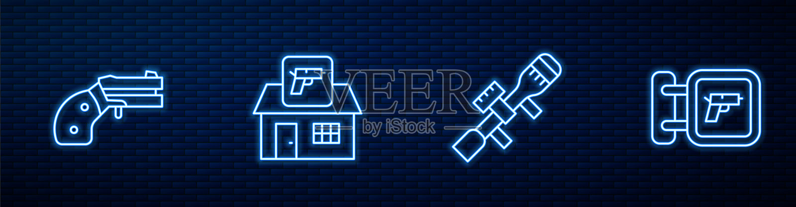 狙击瞄准器，小型左轮手枪，狩猎商店武器和。砖墙上发光的霓虹灯图标。向量插画图片素材