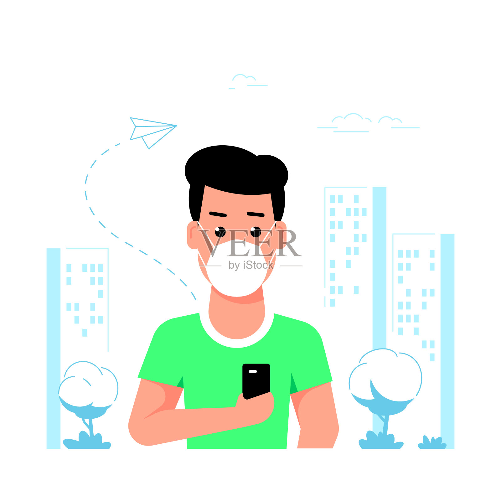 纽约市戴着智能手机面具的白人男子插画图片素材