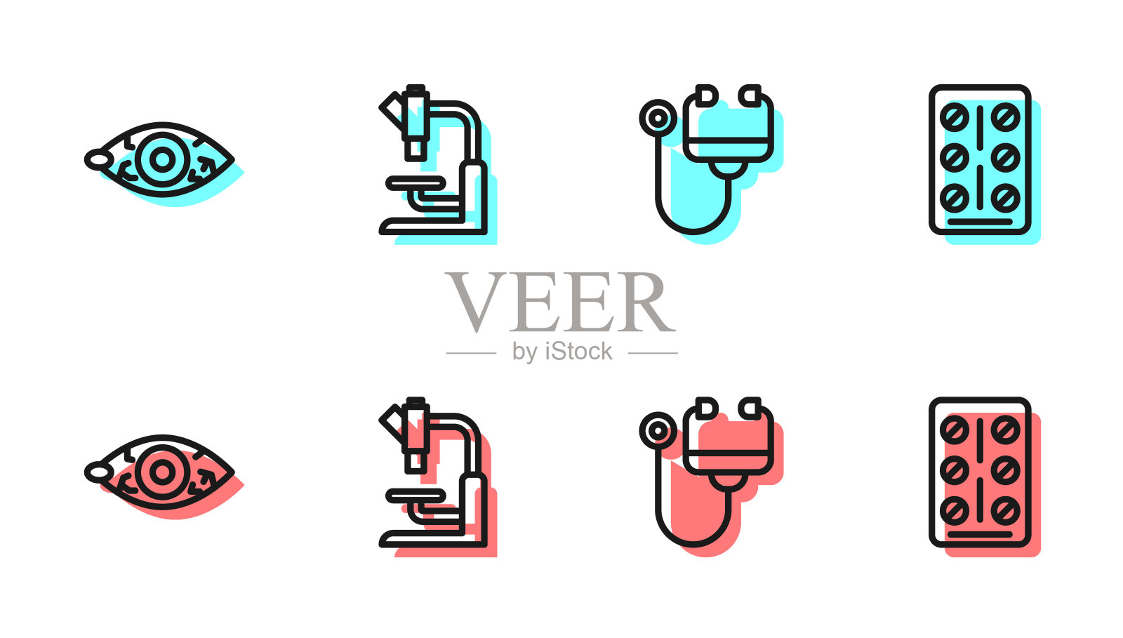 设置线条听诊器，红眼睛，显微镜和药片在泡罩包装图标。向量图标素材