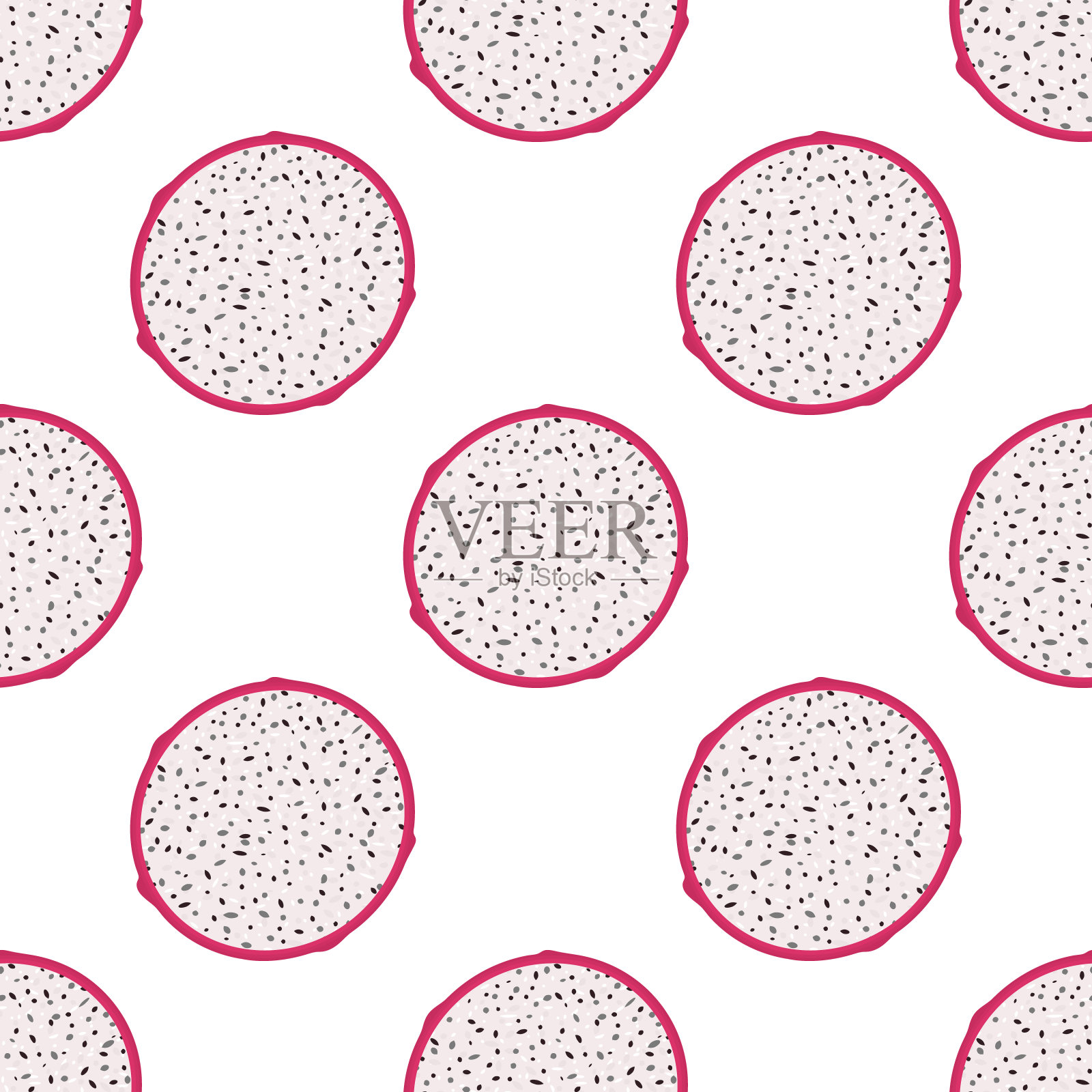 无缝图案与新鲜的火龙果半切孤立在白色的背景。夏日水果，健康生活方式。有机水果。卡通风格。矢量插图为任何设计。插画图片素材