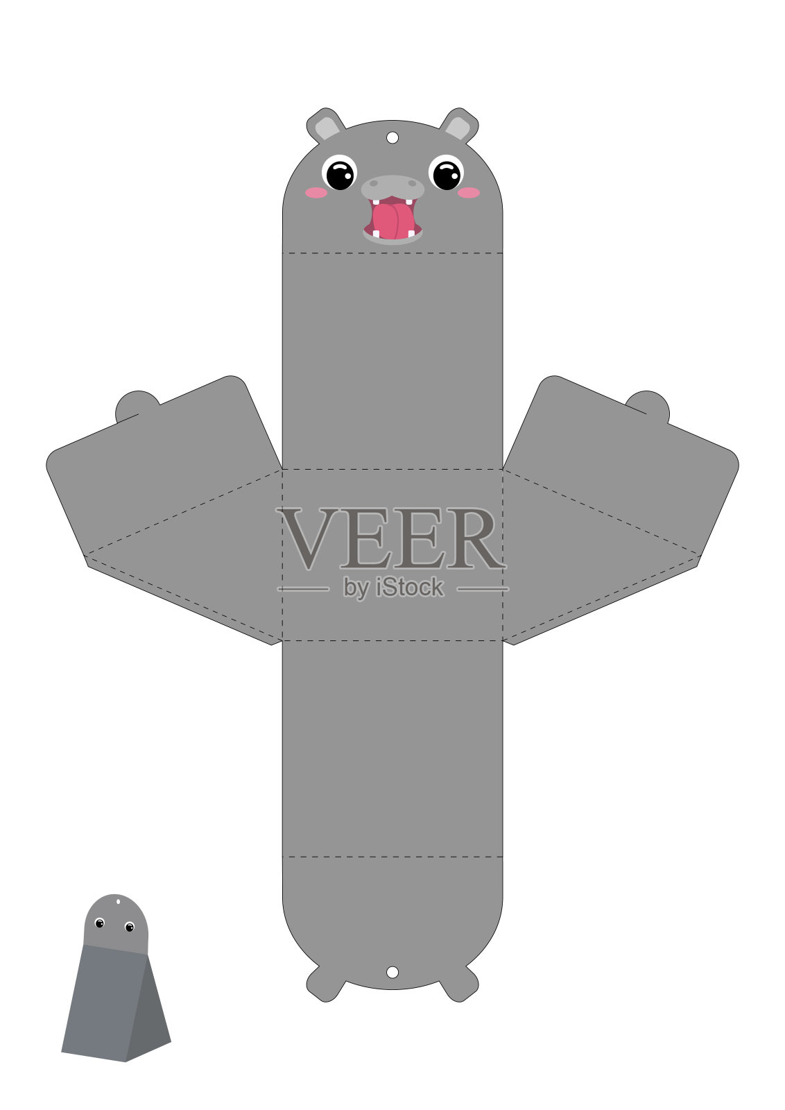 派对喜欢盒子河马设计的糖果，糖果，礼物。包装模切模板，伟大的任何目的，生日，婴儿送礼。可编辑的蓝图布局与切割和计分线。插画图片素材