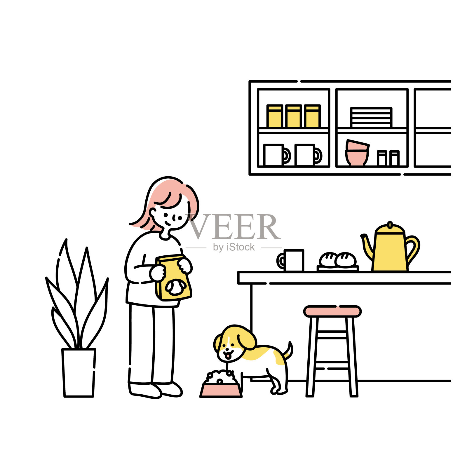 一个女人在厨房里喂狗插画图片素材