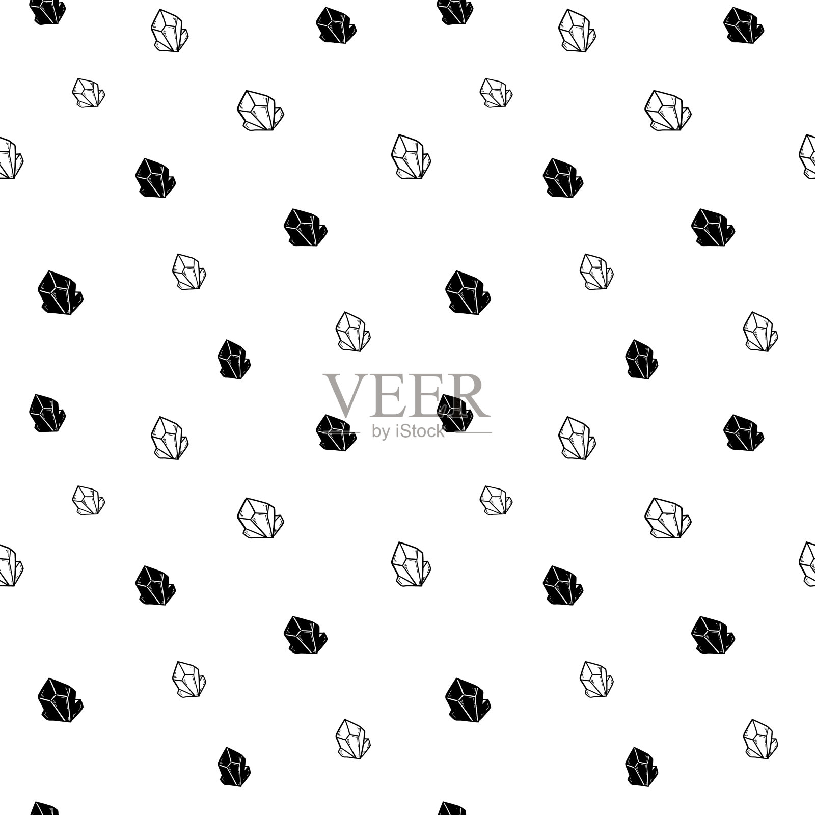 水晶无缝图案，黑白手绘宝石涂鸦数码纸，抽象水晶重复背景，单色纹理矢量壁纸，可爱的砾石装饰元素插画图片素材