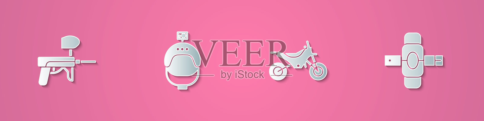 设置剪纸彩弹枪，头盔和行动摄像机，山地自行车和膝盖垫图标。纸艺术风格。向量插画图片素材