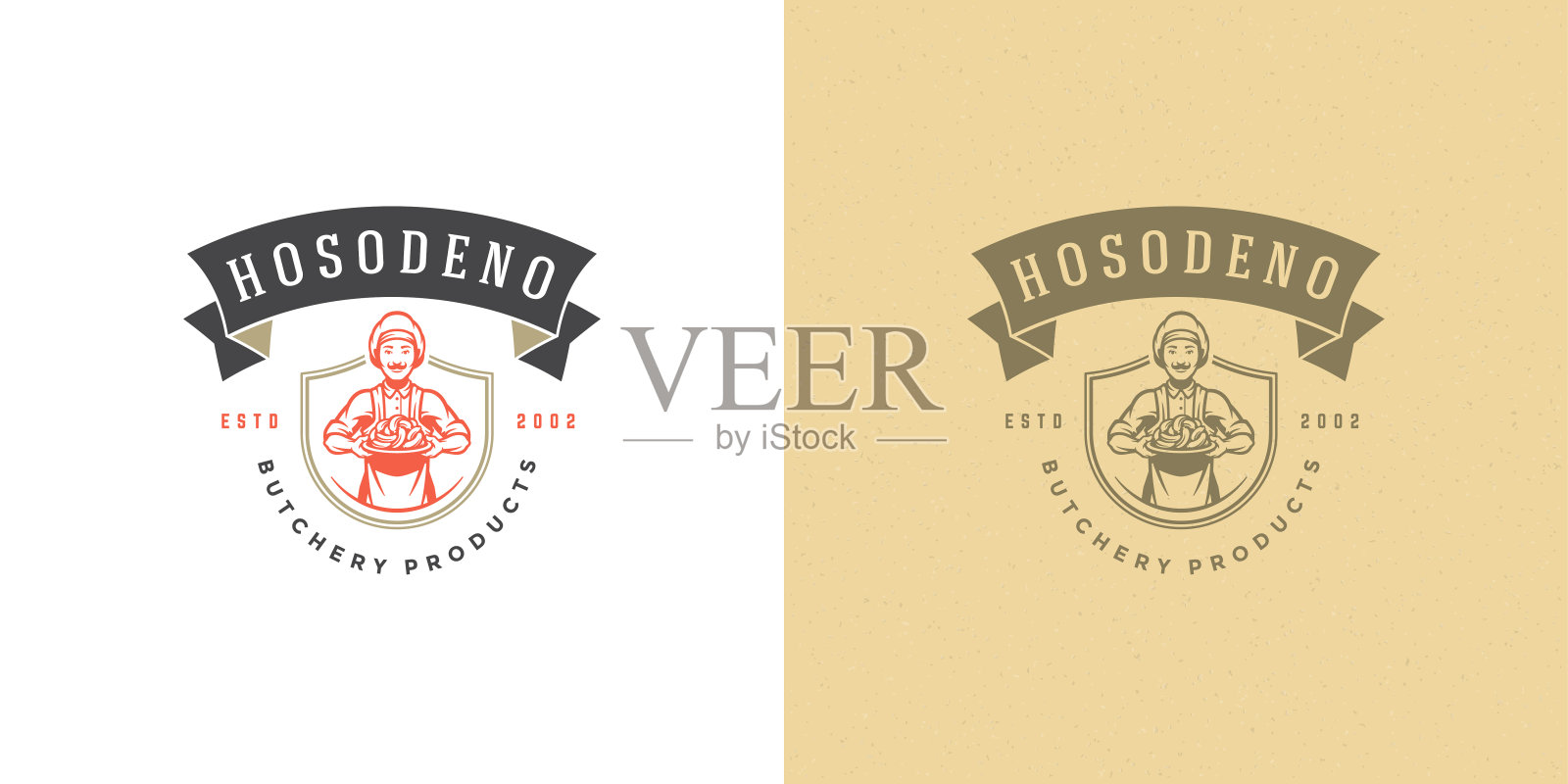 肉店标志设计矢量插图厨师拿着香肠剪影好餐厅菜单徽章插画图片素材