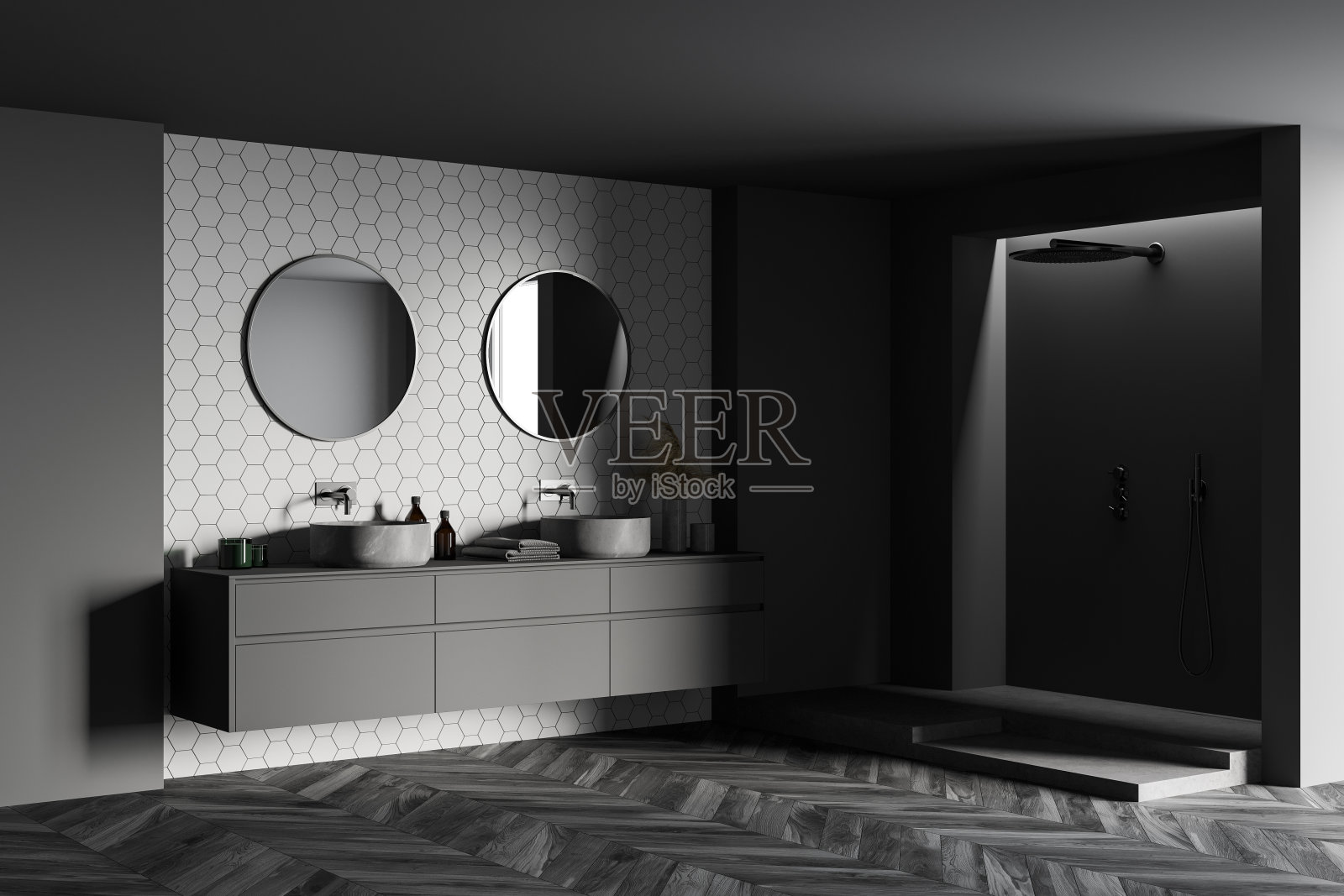 现代灰色和白色浴室角落与水槽和淋浴照片摄影图片