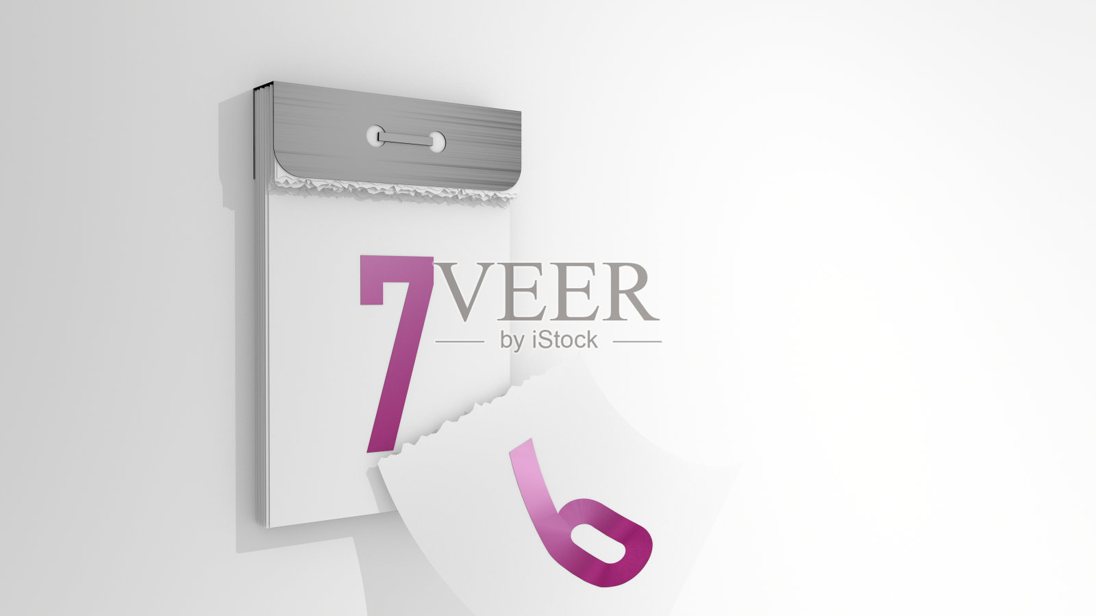 一个极简的撕掉日历的3d渲染。从6日到7日变化的3d插图。落下的一页过去的一天。照片摄影图片