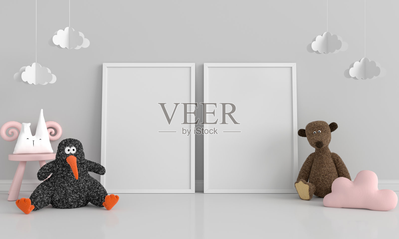 娃娃在地板上的孩子的房间，两个框架模型，3D渲染照片摄影图片